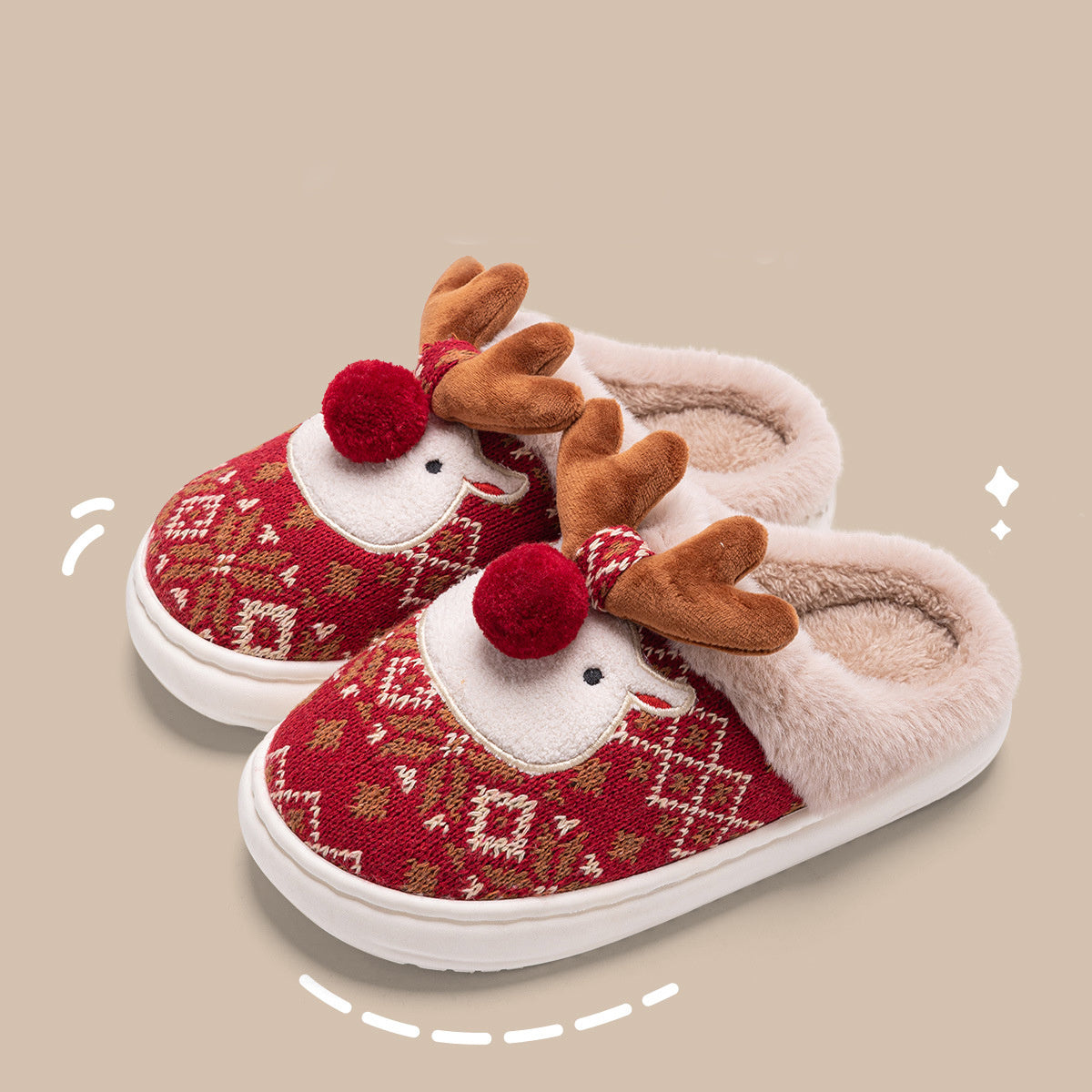 Cute Christmas Elk Plush Slippers for Women – Warm Fuzzy Winter House Shoes