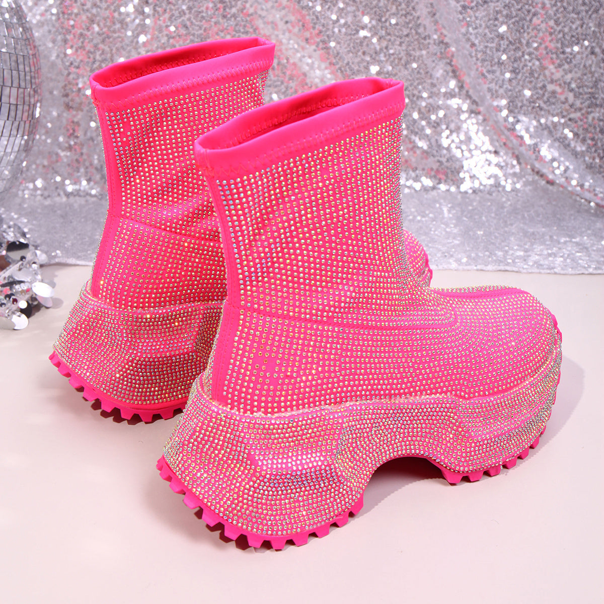 Women's Sparkling Rhinestone Ankle Boots, Thick-soled High Heels, Pink Disco Party Shoes, Fashionable Punk Rock Sequin Evening Boots