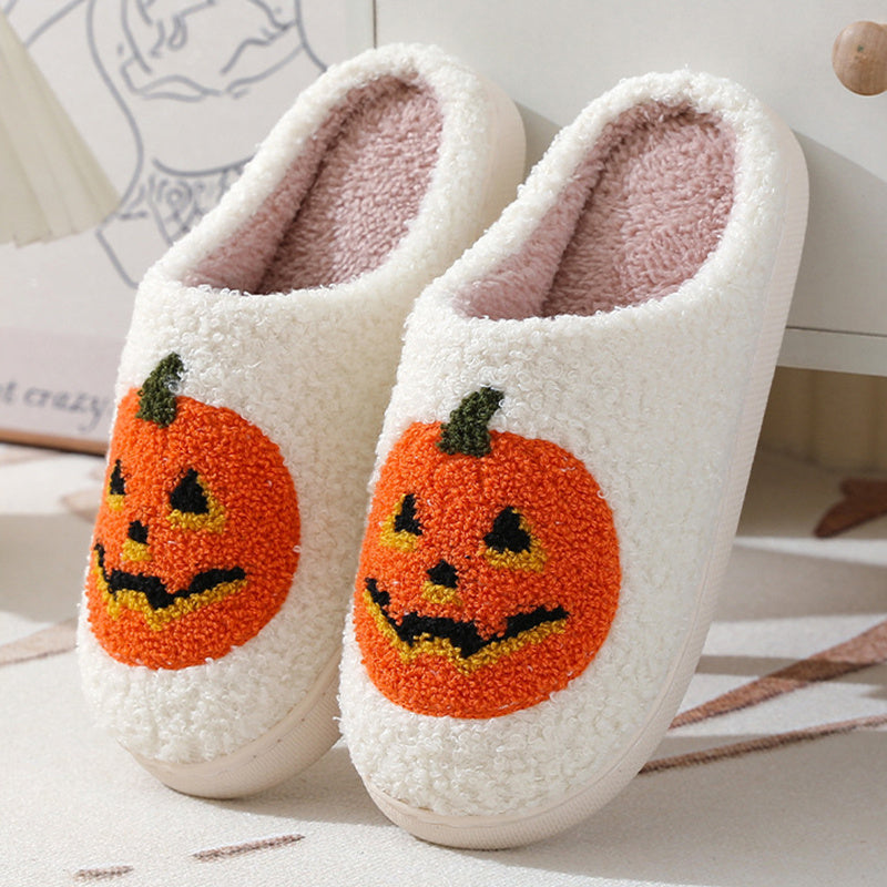 Halloween Pumpkin Slippers – Warm Plush Indoor Shoes for Couples