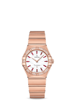 omega constellation quartz 18k sedna? gold & diamonds & rubies lady?s watch