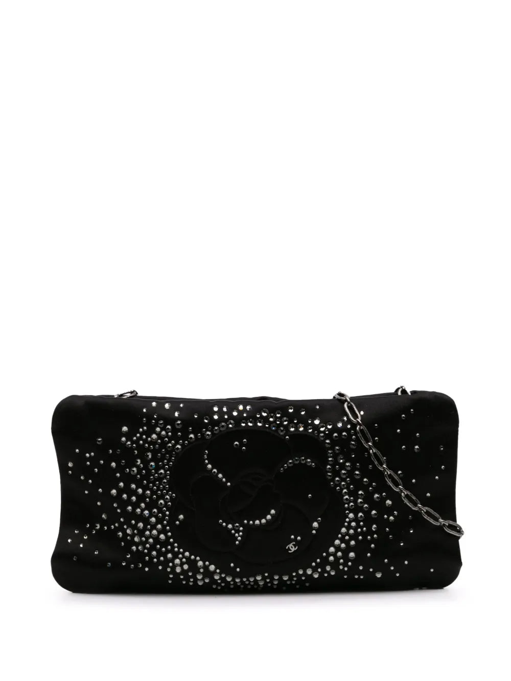 CHANEL 2009 2010 Satin Diamante Camellia Clutch with Chain shoulder bag