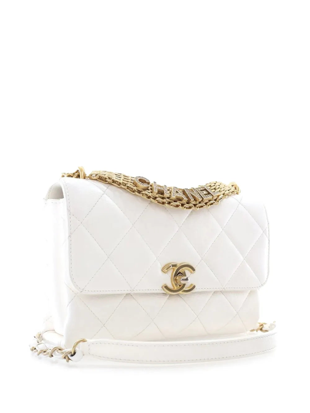 CHANEL 2021 2024 Small Quilted Lambskin Crystal Logo Letters Chain Flap satchel