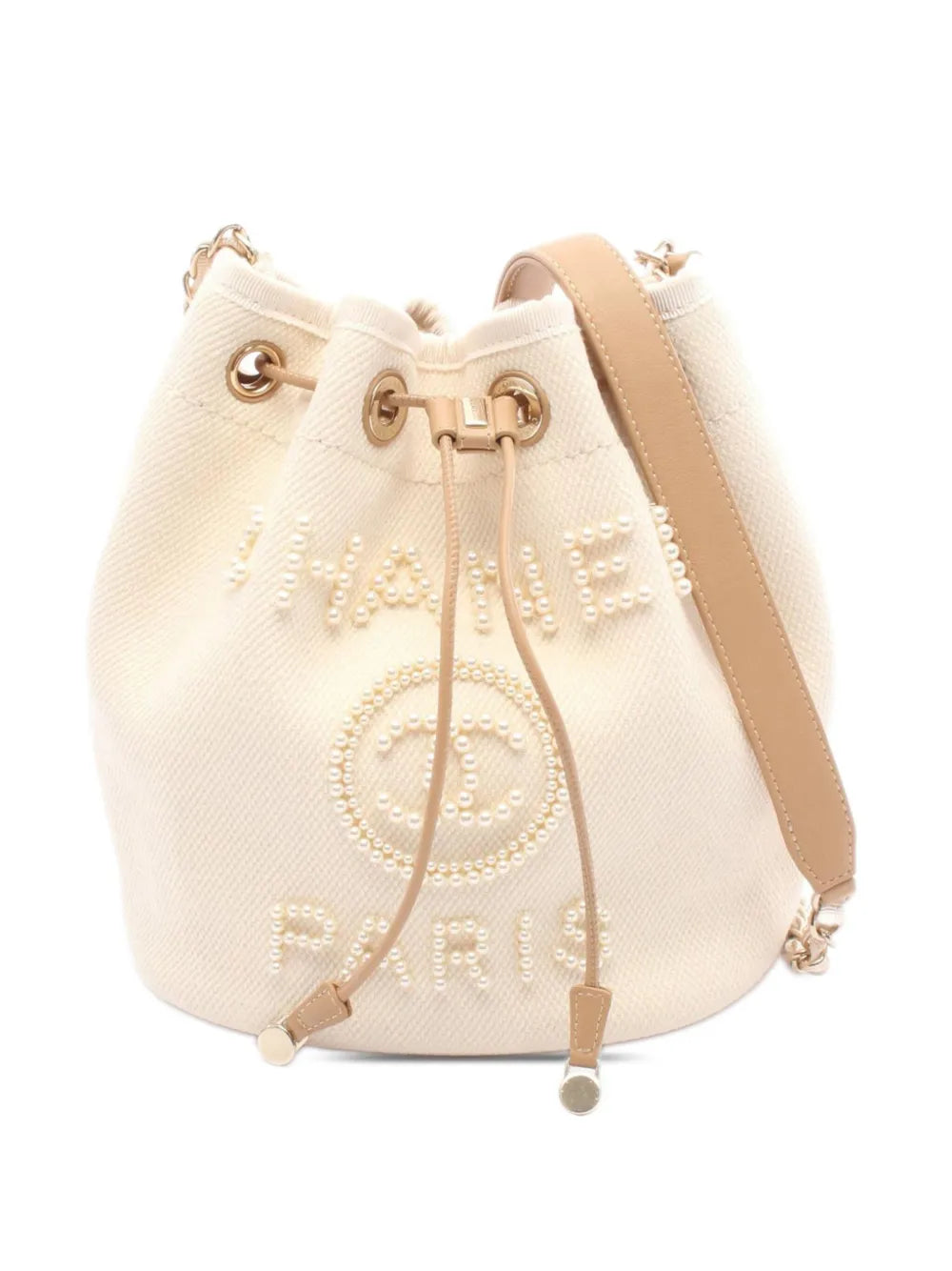 CHANEL 2019 Canvas Deauville Pearl Drawstring bucket bag
