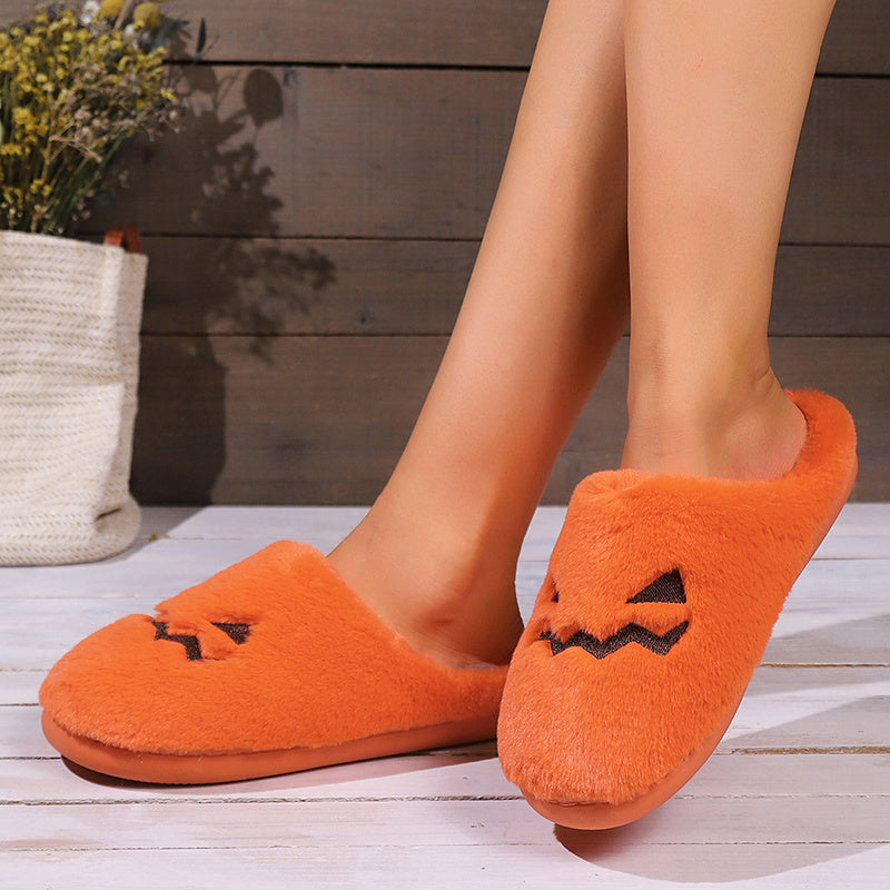Cute Halloween Pumpkin Slippers – Warm Plush Indoor House Shoes