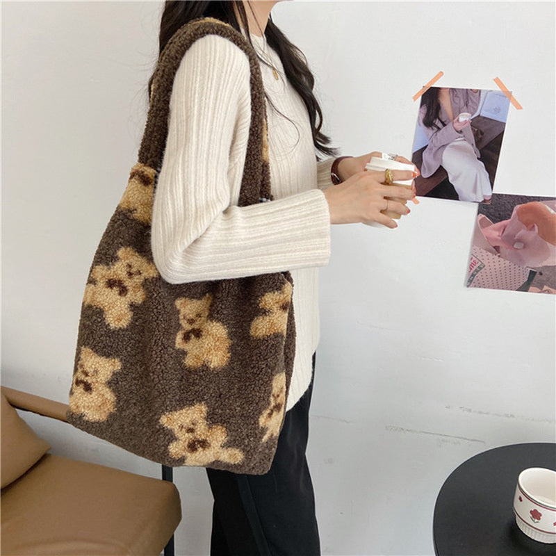 Women’s Winter Lamb Shoulder Bag – Cute Bear Print Handbag