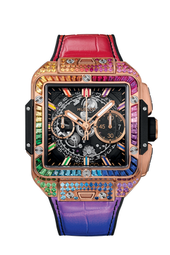 hublot square bang chronograph unico 18k king gold & colored gemstones rainbow men's watch