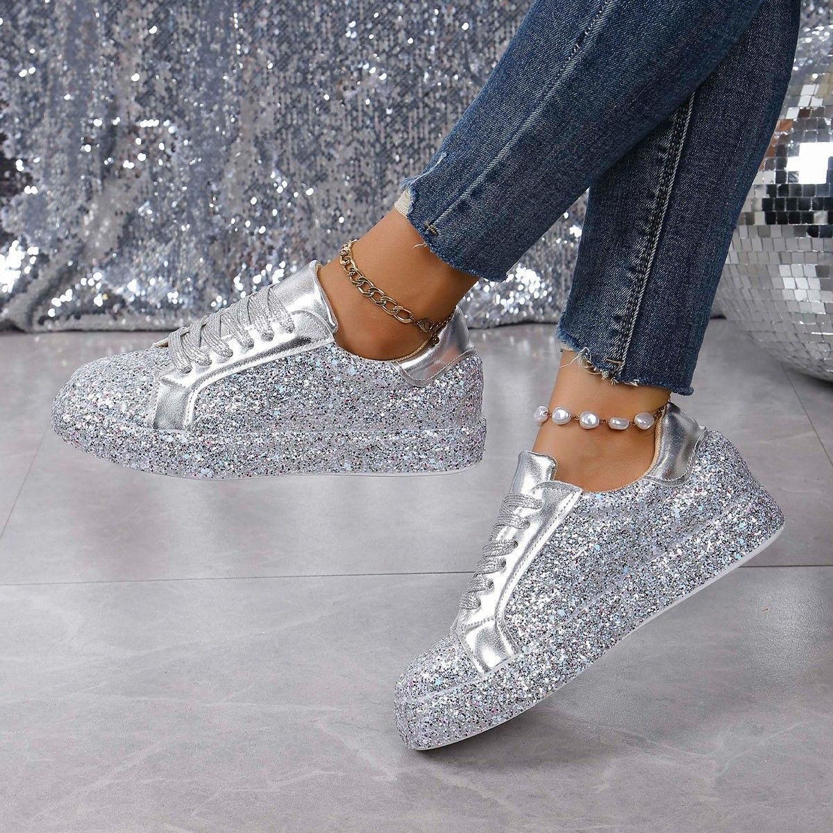 Plus Size Sequins Casual Fashion Shoes Women Front Lace Up Sneaker Women