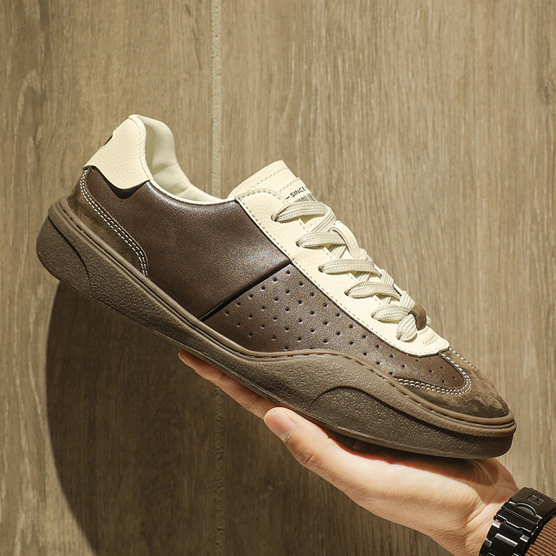 Men’s Genuine Leather Board Shoes – Stitching Contrast Color Platform Flat Casual Sneakers