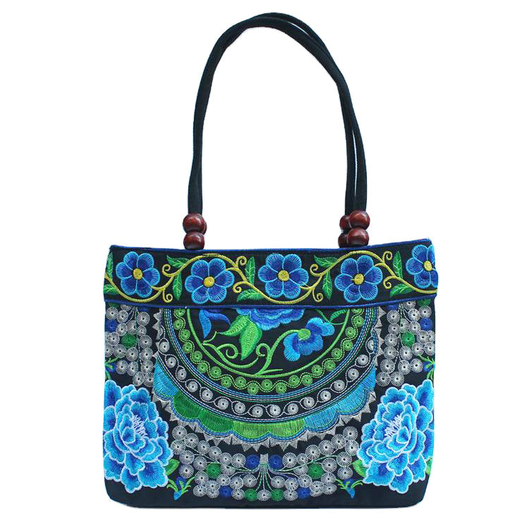 Ethnic Style Embroidered Handbag with Wooden Beads and Lace