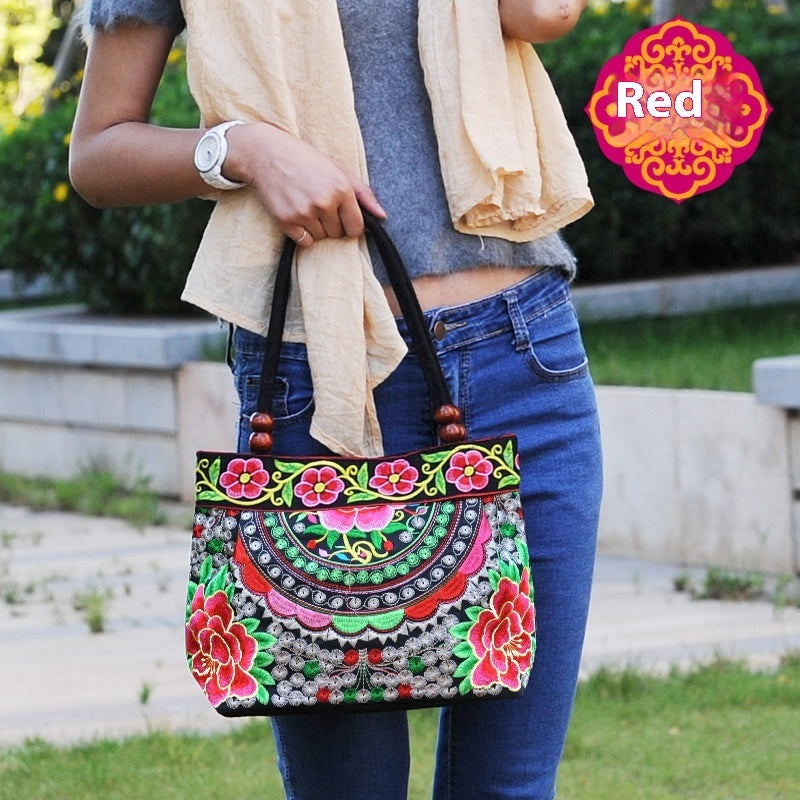 Ethnic Style Embroidered Handbag with Wooden Beads and Lace