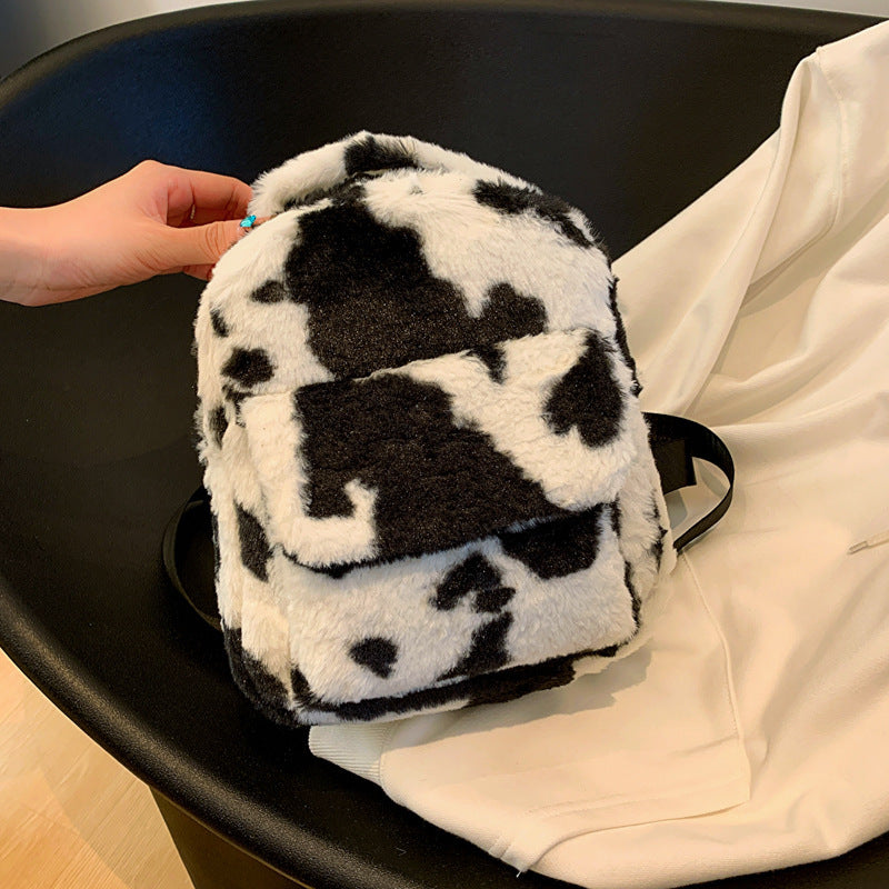 Soft Plush Cow Pattern Backpack – Cute Mini Women’s Bag