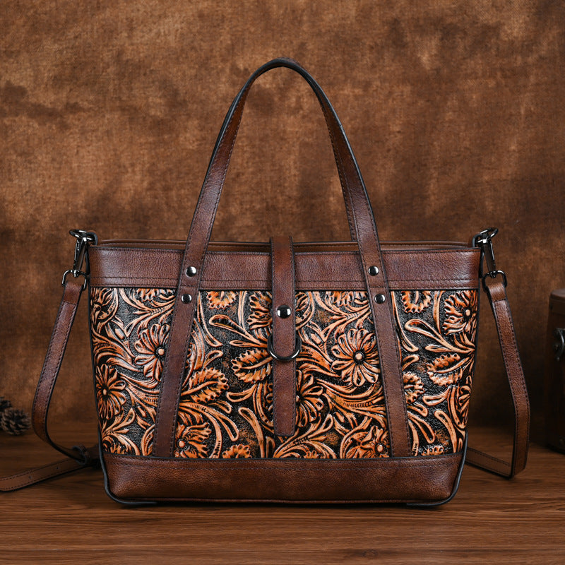 Women’s Cowhide Skeleton-Skin Bag – First Layer Hand-Carved Tote