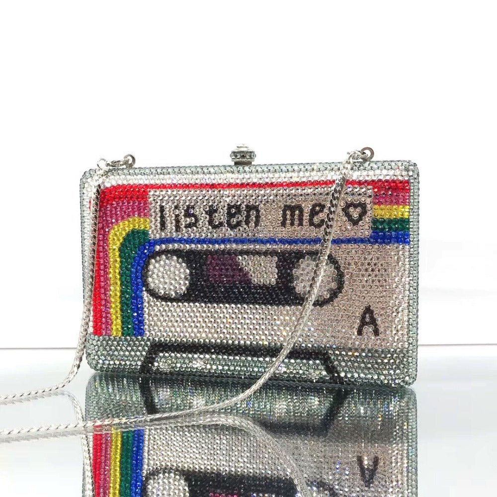 Luxury Crystal Cassette Tape Evening Clutch Purse for Women