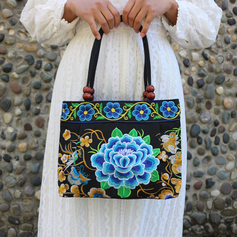 Ethnic Style Embroidered Handbag with Wooden Beads and Lace