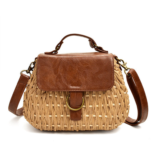 Antique Straw Woven Messenger Beach Bag for Women