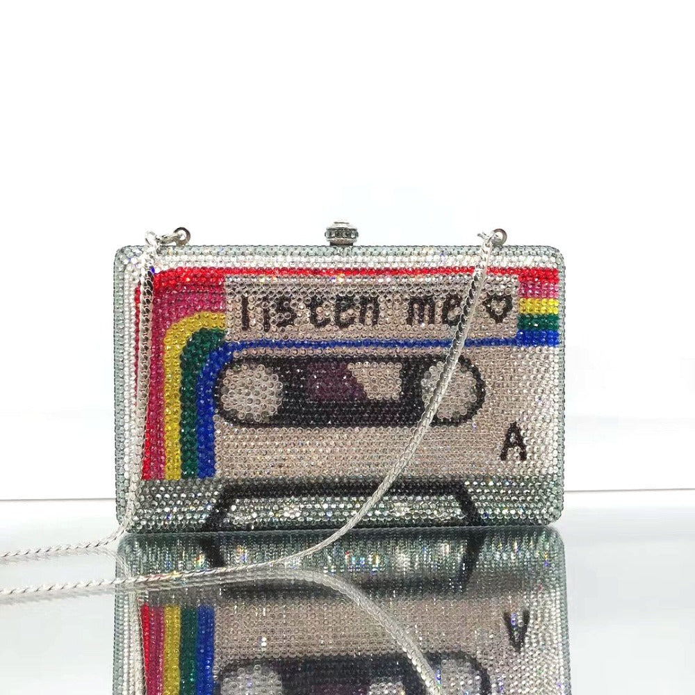Luxury Crystal Cassette Tape Evening Clutch Purse for Women