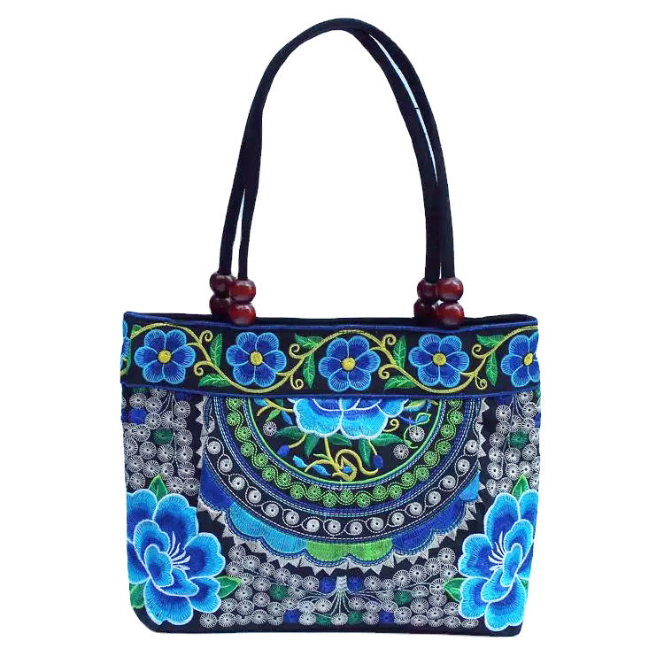 Ethnic Style Embroidered Handbag with Wooden Beads and Lace