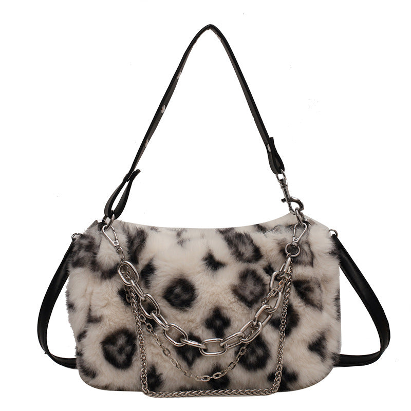 Women’s Winter Plush Chain Shoulder Bag – Floral Print Handbag
