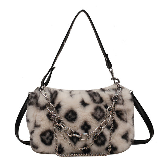 Women’s Winter Plush Chain Shoulder Bag – Floral Print Handbag