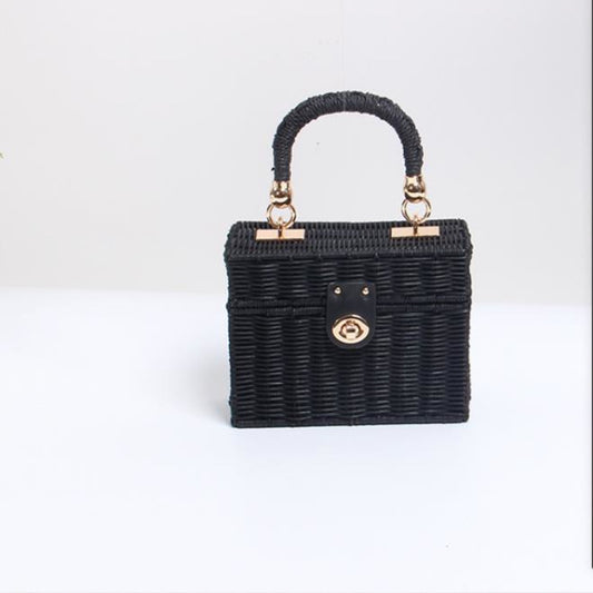 Retro Rattan Single Shoulder Bag with Small Square Chain for Women