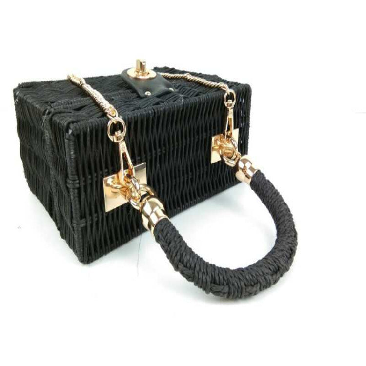 Retro Rattan Single Shoulder Bag with Small Square Chain for Women