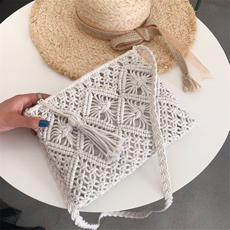 Women’s Straw Bag – Hand-Carry Woven Hollow Tassel Purse