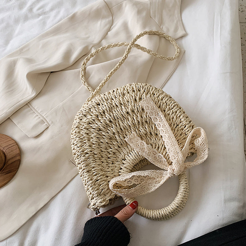 Women Hand-Woven Handbag Moon Shape Lace Bow Rattan Bag