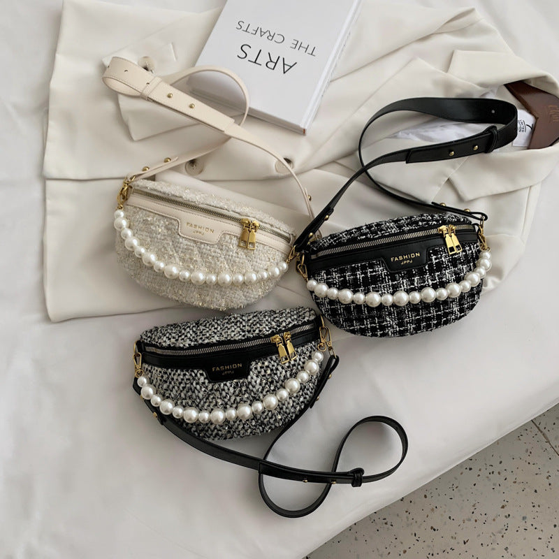 Luxury Contrast Color Crossbody | Pearl Decor Wide Shoulder Strap Purse