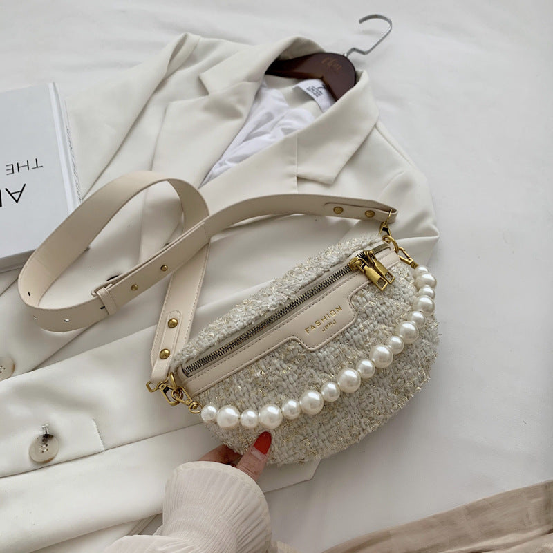 Luxury Contrast Color Crossbody | Pearl Decor Wide Shoulder Strap Purse