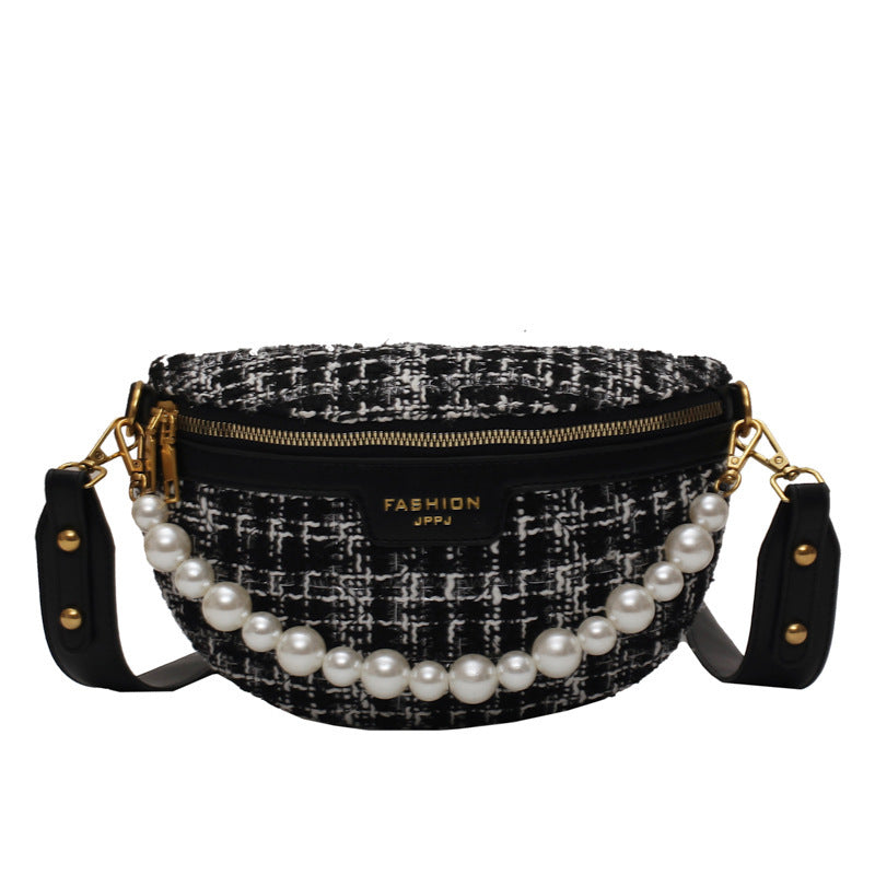 Luxury Contrast Color Crossbody | Pearl Decor Wide Shoulder Strap Purse