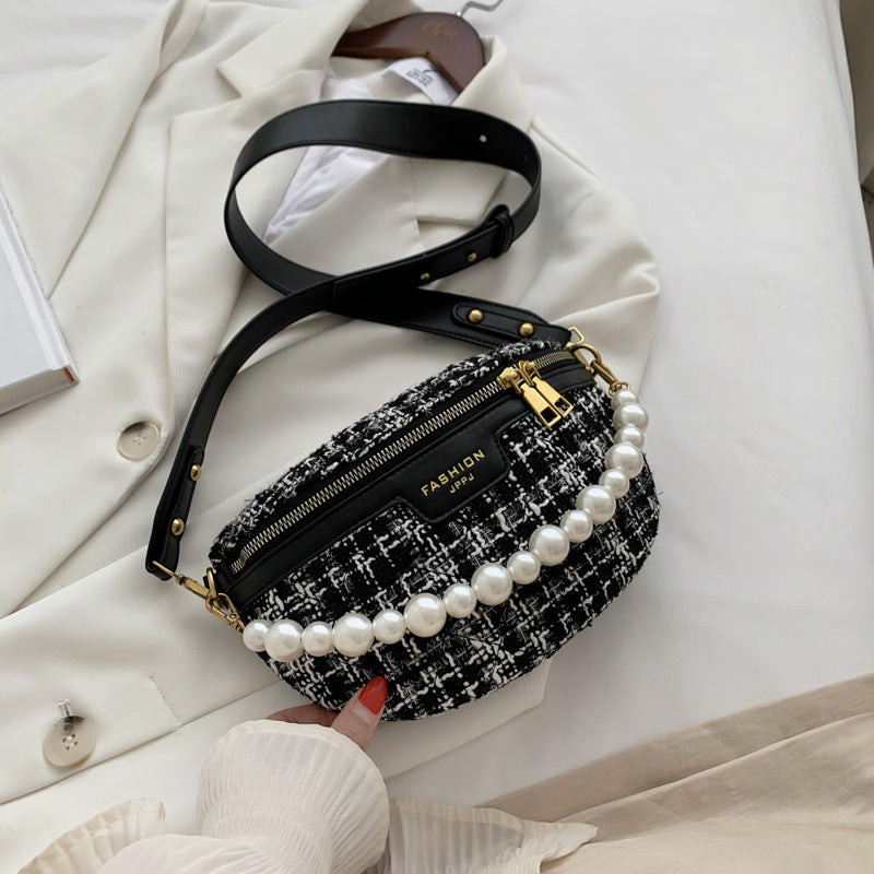 Luxury Contrast Color Crossbody | Pearl Decor Wide Shoulder Strap Purse