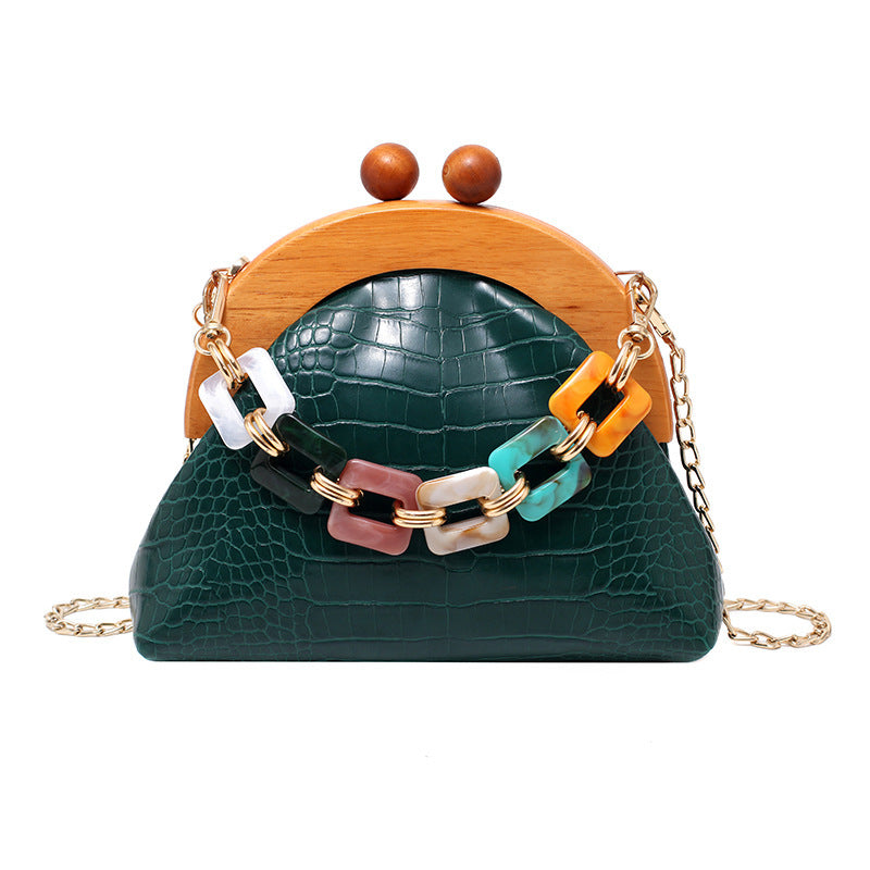 Women’s Ethnic Guofeng Bag – Art Fan Design Wooden PU Handbag