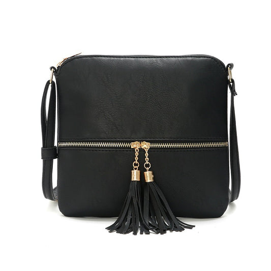 New Style Double Fringe Diagonal Shoulder Bag with Front Zipper Pocket for Women