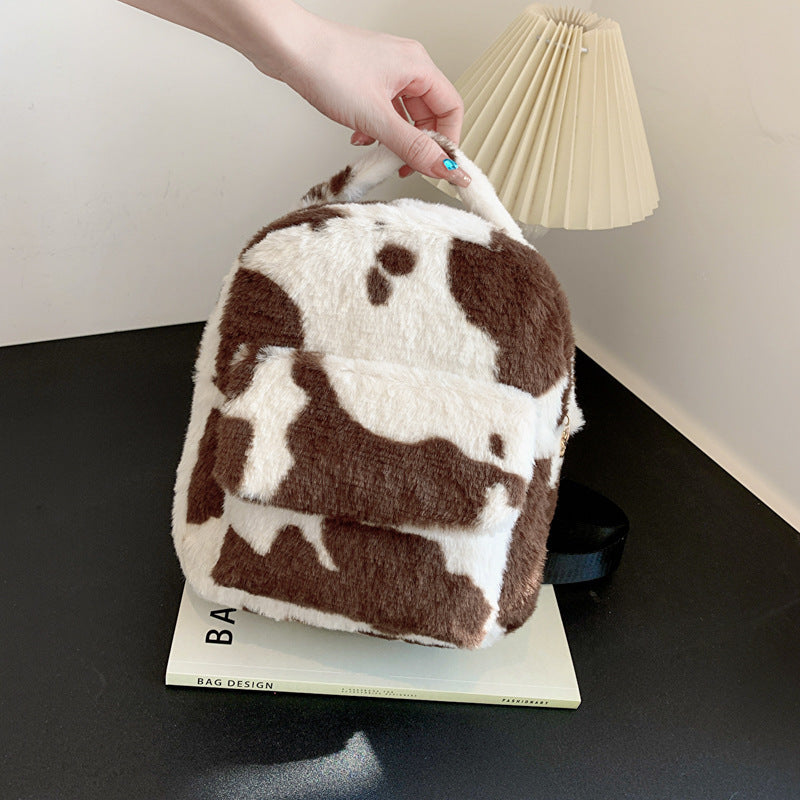 Soft Plush Cow Pattern Backpack – Cute Mini Women’s Bag