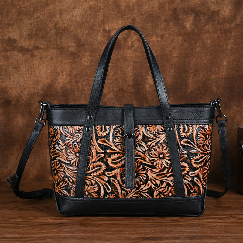Women’s Cowhide Skeleton-Skin Bag – First Layer Hand-Carved Tote