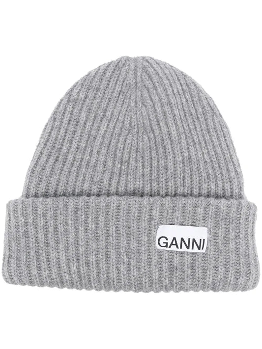 GANNI logo patch rib knit beanie