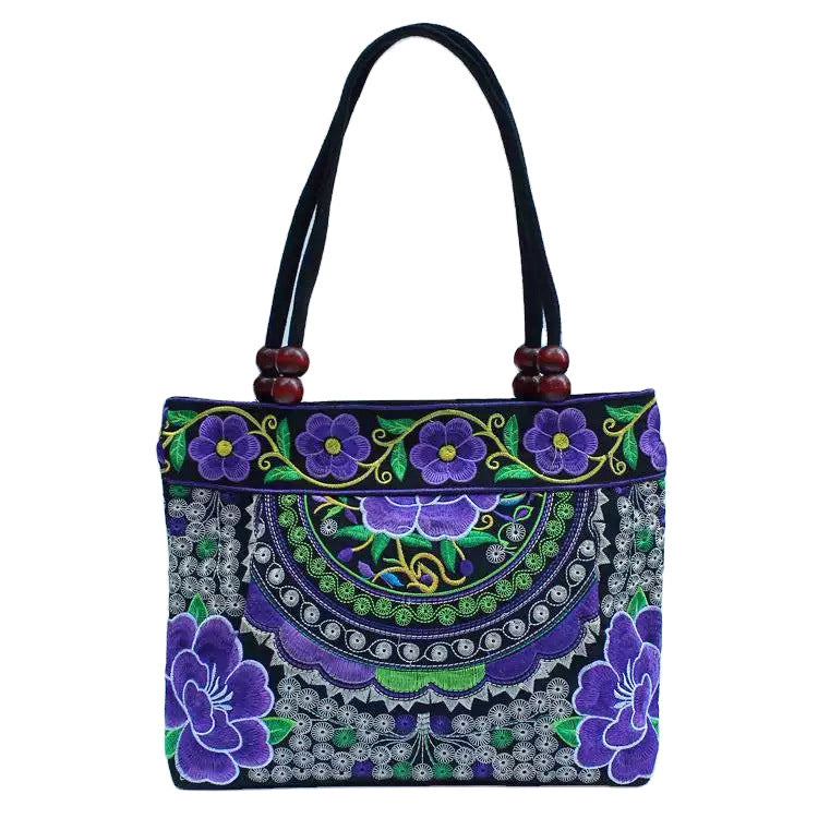 Ethnic Style Embroidered Handbag with Wooden Beads and Lace
