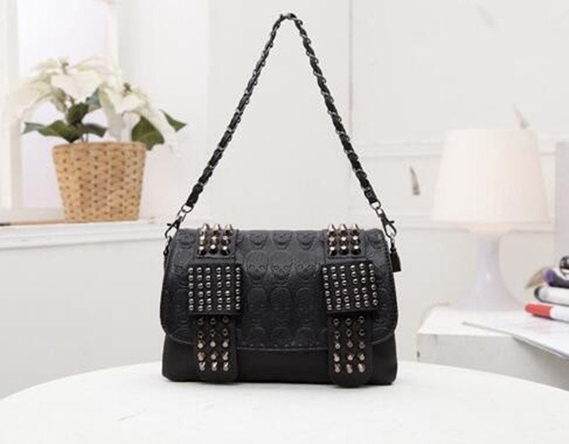 Women’s Black Leather Messenger Bag – Vintage Skull Rivet Shoulder Bag