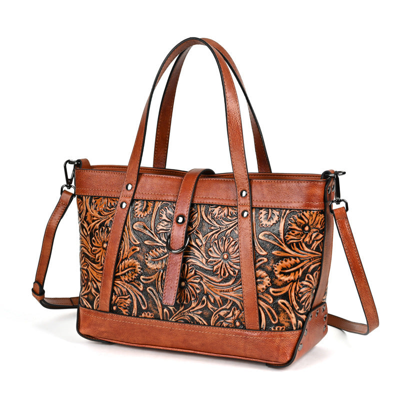 Women’s Cowhide Skeleton-Skin Bag – First Layer Hand-Carved Tote
