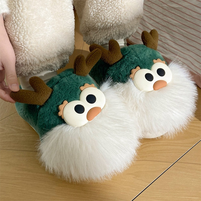 Cute Christmas Deer Plush Slippers for Women – Warm Winter Indoor Shoes