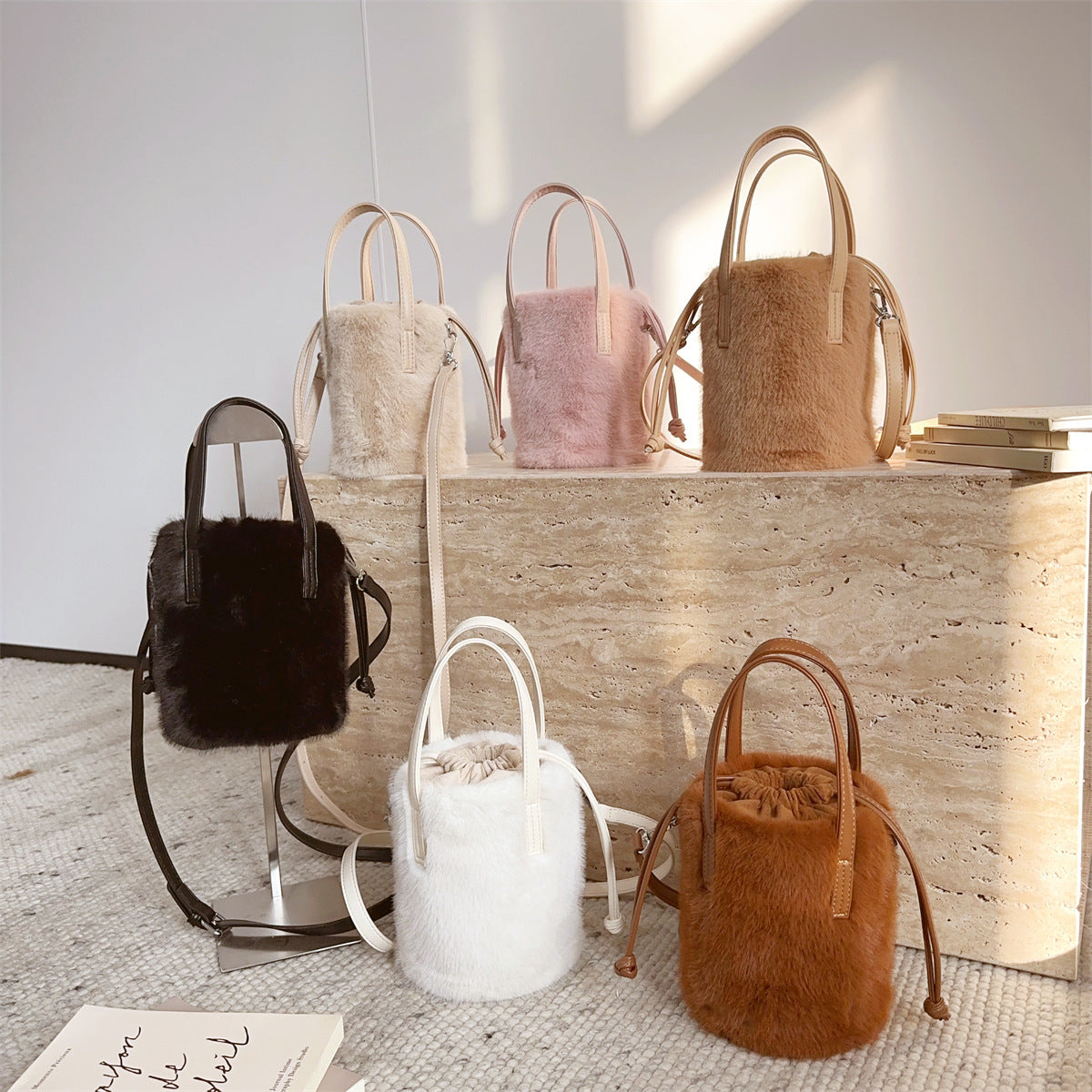 Women’s Mink-Like Handbag – Vintage Plush Bucket Bag