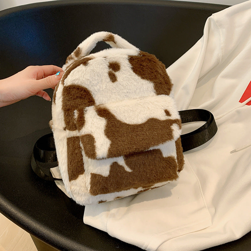 Soft Plush Cow Pattern Backpack – Cute Mini Women’s Bag