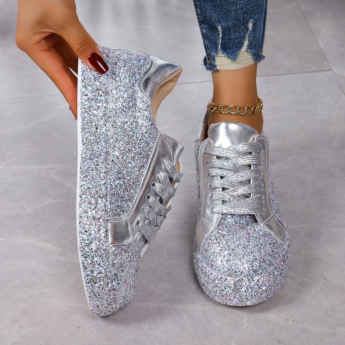 Plus Size Sequins Casual Fashion Shoes Women Front Lace Up Sneaker Women