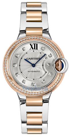 cartier ballon bleu 33mm stainless steel & rose gold & diamond lady's watch