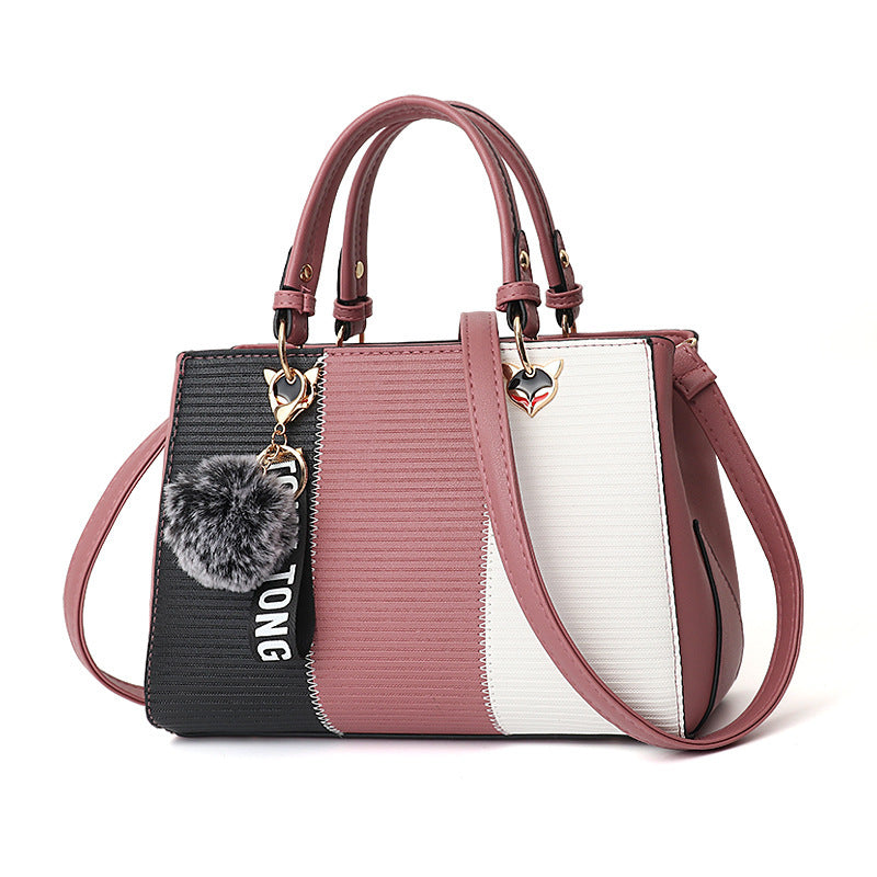 Fashion Patchwork Handbag – Women’s Hairball Ornament Tote Crossbody Bag