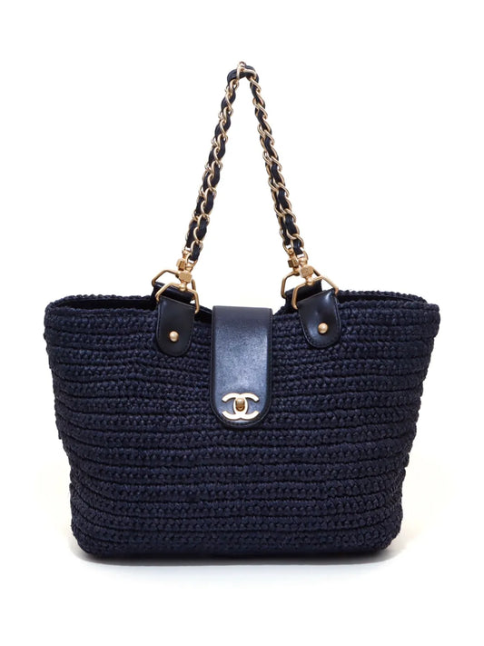 CHANEL 2005 2006 CC turn lock straw tote bag