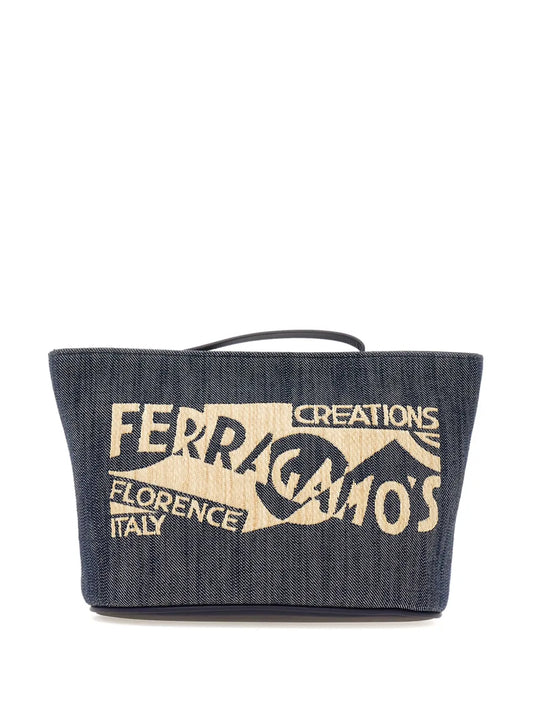 Ferragamo logo print denim make up bag