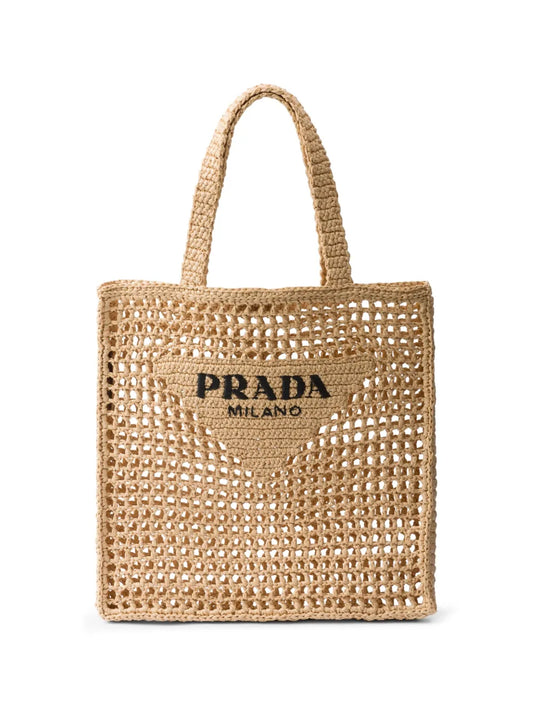 Prada triangle logo raffia tote bag