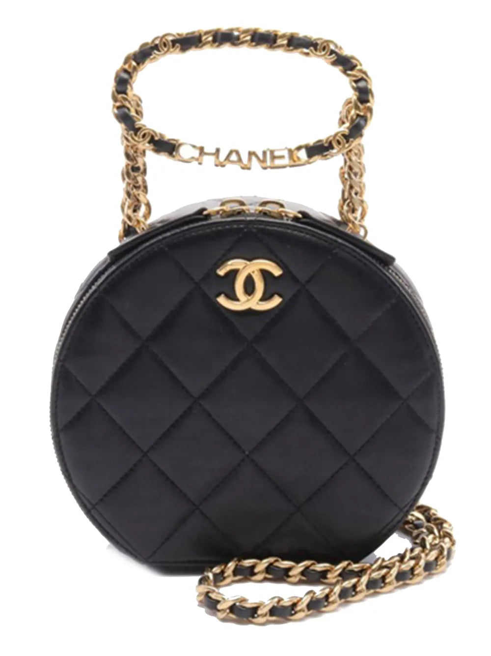 CHANEL 2021 2023 Quilted Lambskin Oval Logo Chain Top Handle Round Clutch on Chain satchel