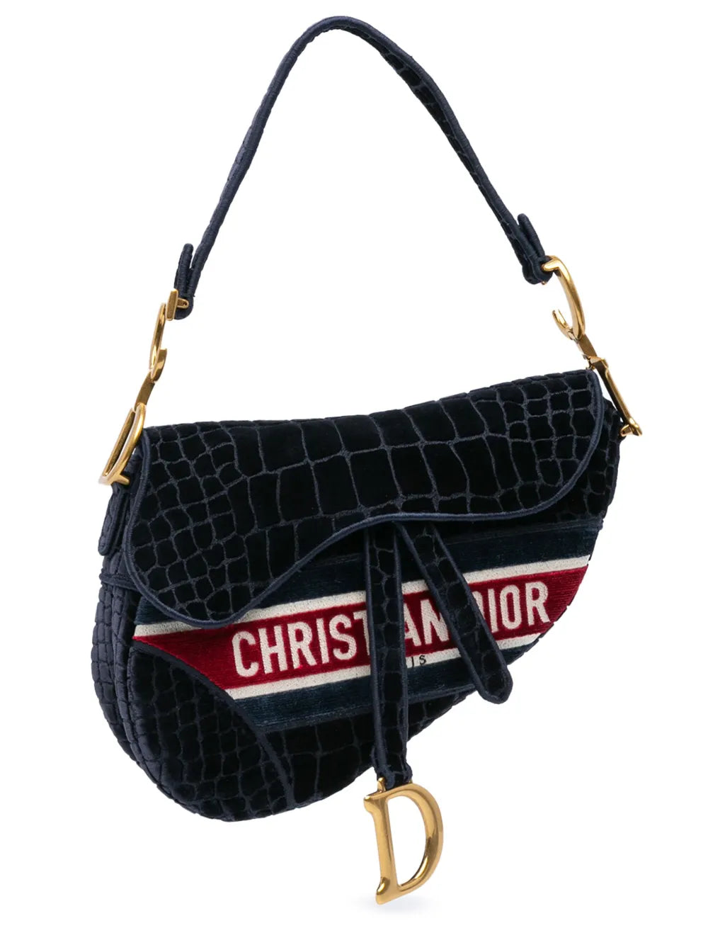 Christian Dior 2021 Velvet Crocodile Effect Embroidered Saddle Bag shoulder bag